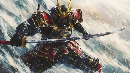 Armored samurai in dynamic surf, high-contrast brushwork and motion blur