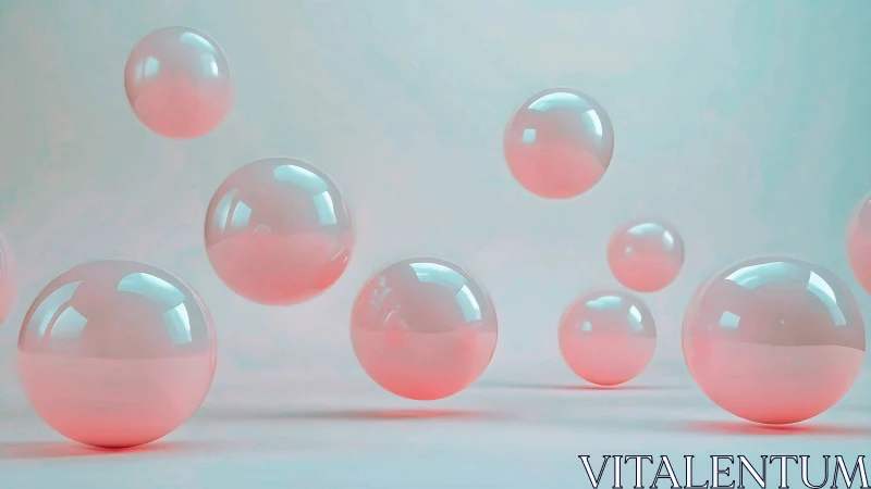Translucent coral spheres float in soft cyan space.