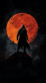 Blood moon crowns the lone shadow warrior on the ridge