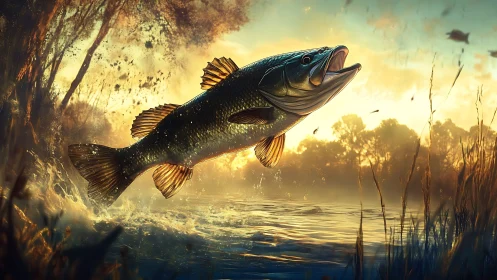 Leaping river fish catching golden light at calm sunset.