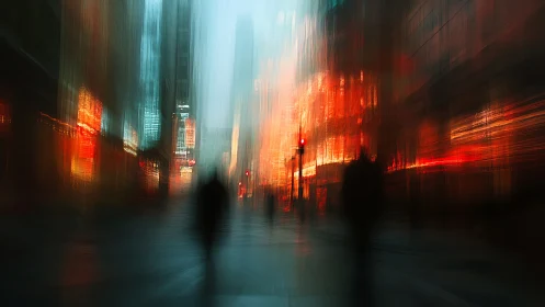 Urban street scene with blurred pedestrians and neon light.