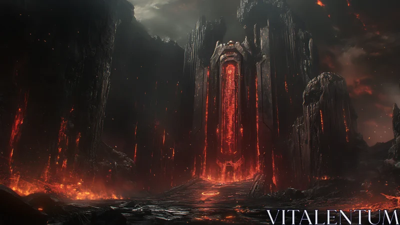 Hellfire citadel emerging from molten volcanic chasm.