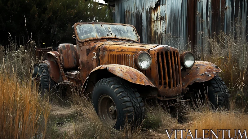 Rusty abandoned jeep truck decaying in overgrown grass.