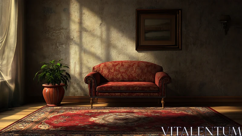 Sunlit vintage sofa anchors a quiet, nostalgic living room