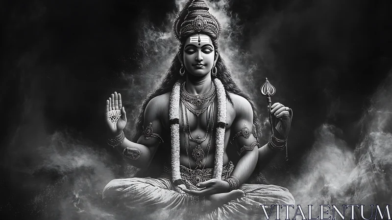 Digital sculpture of meditative deity with trident in smoke