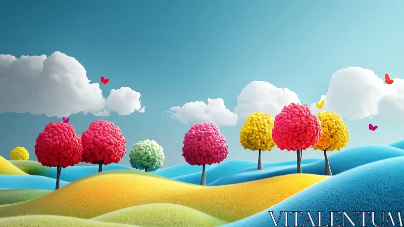 Colorful stylized trees on bright rolling hills under sky.