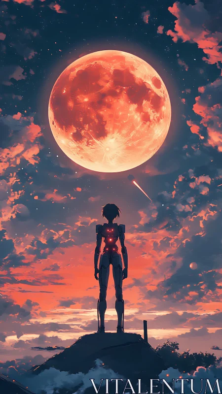 Cyborg silhouette observes colossal red moon at twilight sky