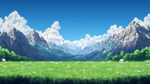 Luminous alpine valley framed by rugged peaks and vivid clouds.