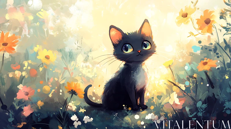 Black Cat Seated in Floral Field Setting.