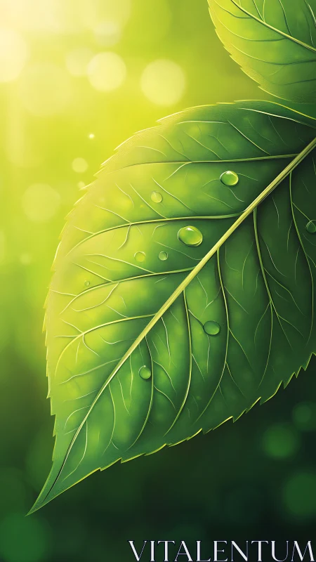 Sunlit green leaf macro with dewdrops and soft bokeh glow