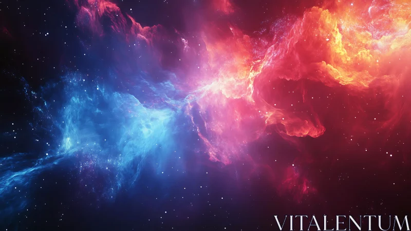 Cosmic clouds of blue and red drift peacefully through space