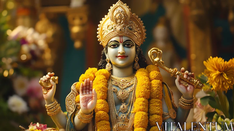 Sculpted Hindu deity idol with ornate gold adornment in warm light
