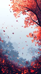 Autumn foliage framing misty forest sky opening.