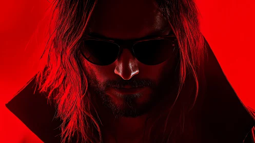 Low-key red portrait of long-haired man with sunglasses, coat