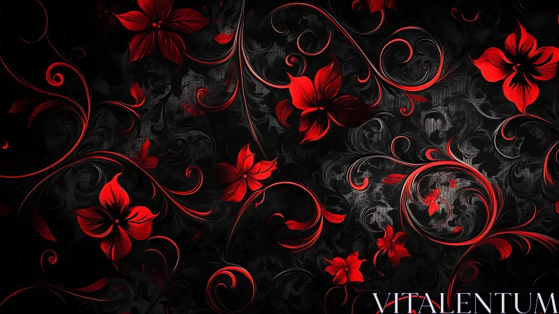 Red floral vines curve across a dark ornamental background