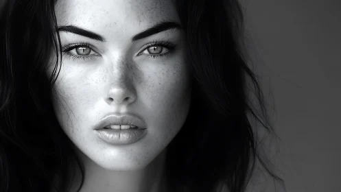 Monochrome portrait captures intense, freckled feminine gaze