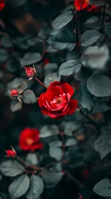Close-range botanical specimen: Deep red rose blooms with teal foliage composition
