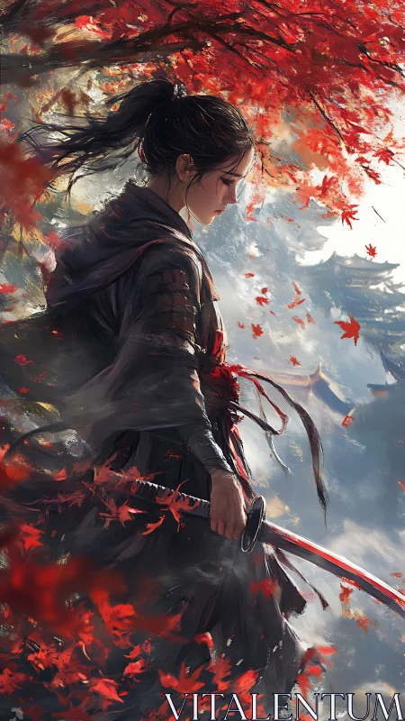Autumn-blade ronin pauses beneath a storm of crimson leaves.