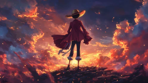 Straw hat hero stands over burning clouds at sunset