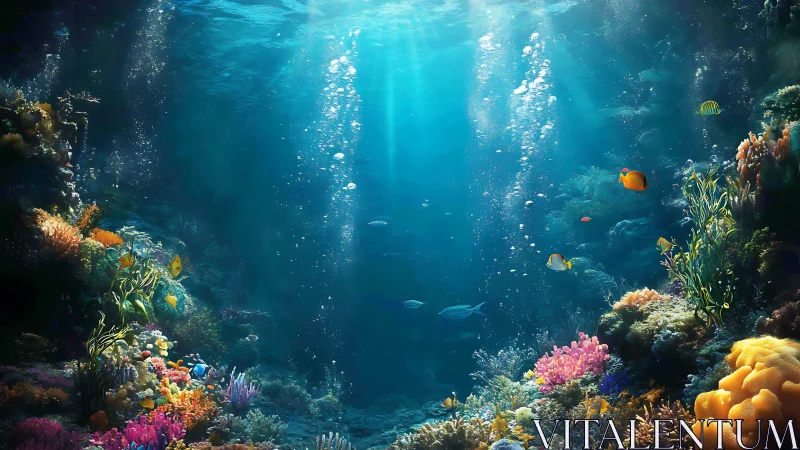 Sunlit coral reef cavity with volumetric caustics and dense biodiversity