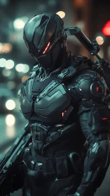 Midnight cyber-sentinel strolling through neon city streets.