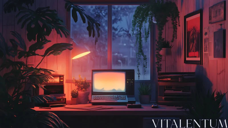 Retro computer workstation under neon dusk bicolor lighting.