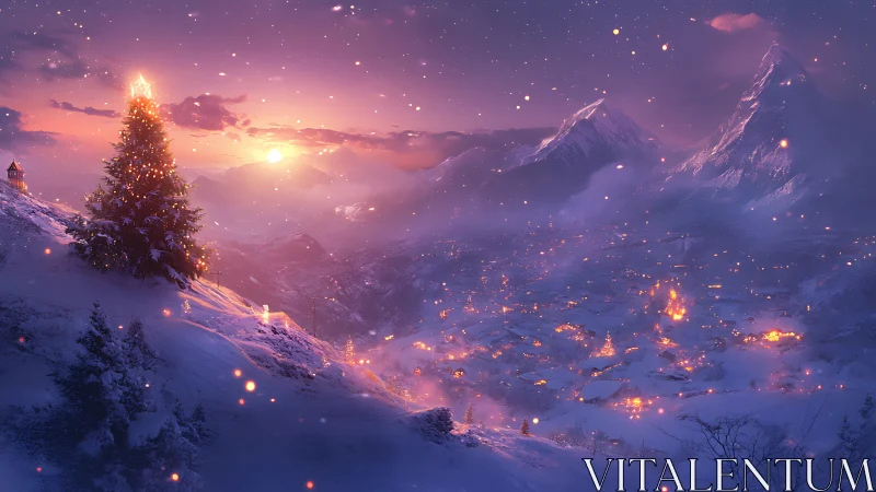 Snowy alpine village glows under luminous winter sunset.