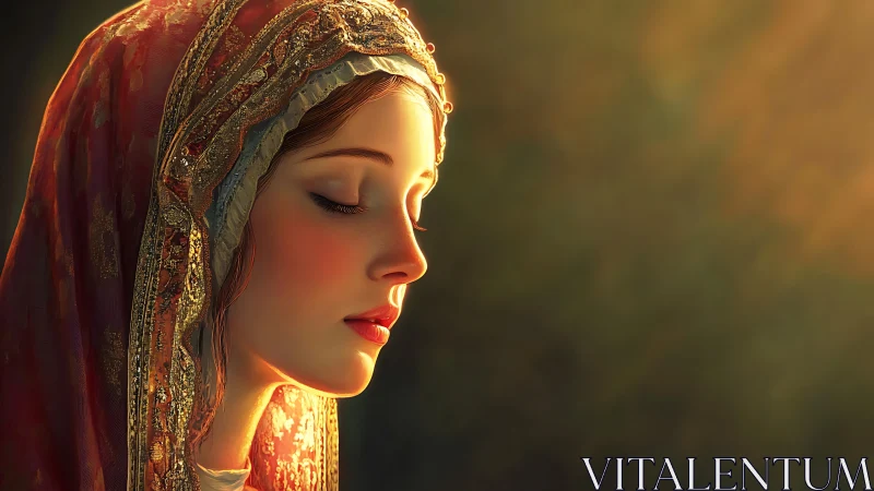 Regal veiled portrait bathed in golden rim light profile.