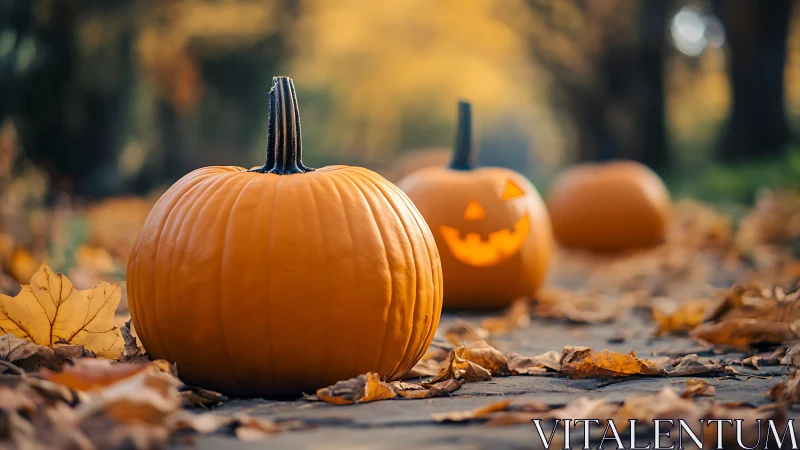 Golden pumpkins glow warmly along a cozy autumn path