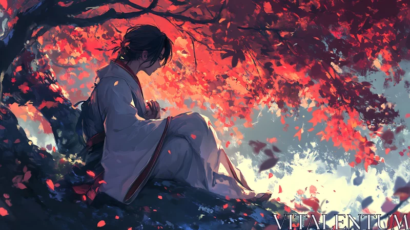 Gentle autumn daydream beneath a canopy of crimson leaves.