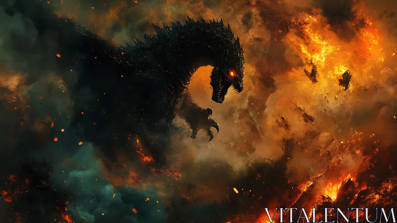 Colossal fire dragon silhouetted in infernal storm.