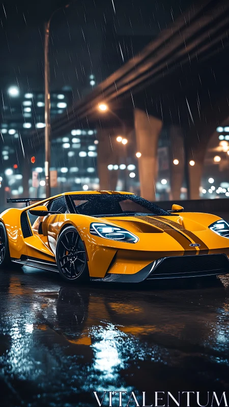 Yellow mid‑engine supercar in rainy urban overpass nightscape