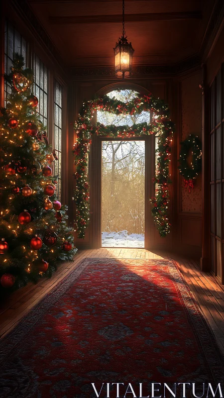 Winter doorway trades golden daylight for garlanded glow