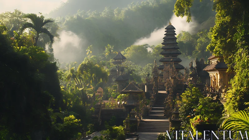 Sunlit jungle temple complex rendered in lush photoreal detail