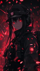 Red eyed anime soldier girl in tactical gear at night.