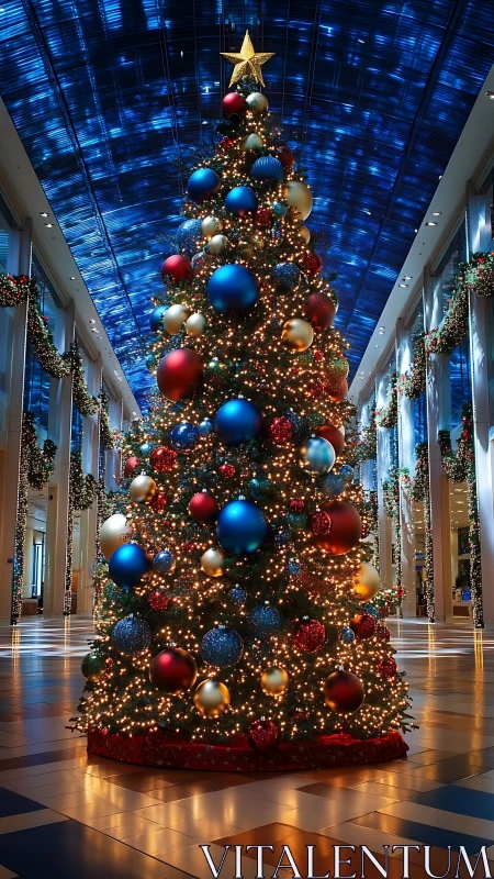 Midnight atrium Christmas tree glows like a festive galaxy