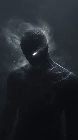 Shadowed humanoid figure with illuminated eye in smoke field.