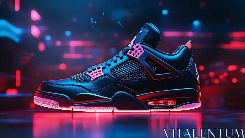 Neon-lit basketball sneaker side profile in futuristic studio