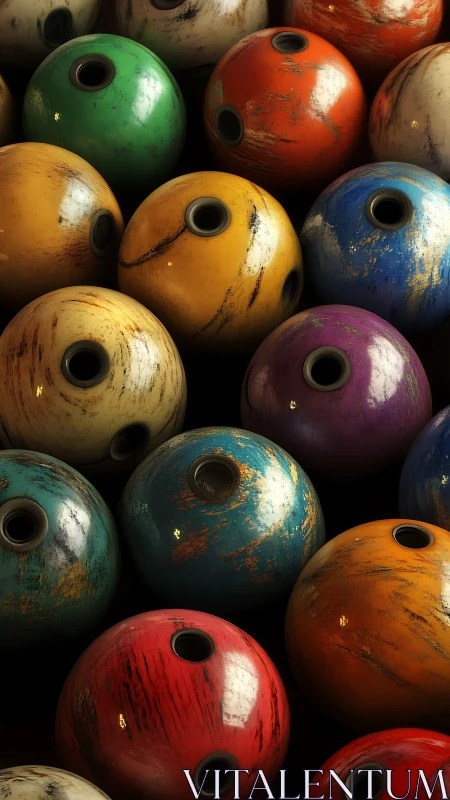 Weathered multicolored bowling balls in dense close-up view.