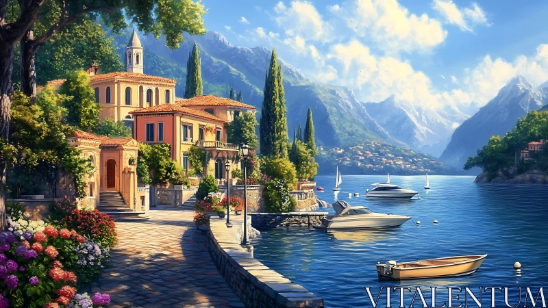 Mediterranean lakeside village with villas and moored boats