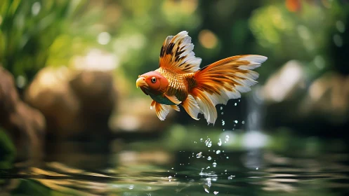 Photorealistic goldfish captured mid-leap above tranquil pond