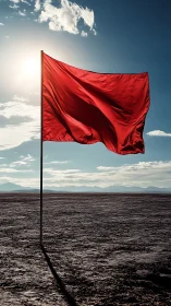 Photorealistic red flag in minimalist desert backlit composition.