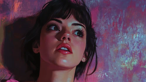 Dreamlit gaze beneath neon dusk, caught mid‑breath.