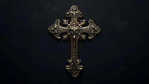 Ornate golden crucifix on matte black textured backdrop.