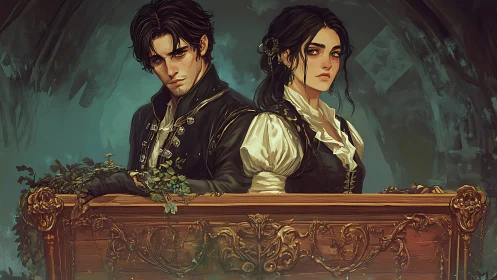 Dark-haired fantasy couple at ornate wooden railing.