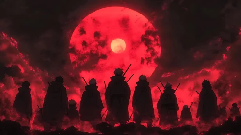 Silhouetted warriors under a vast blood red moon.