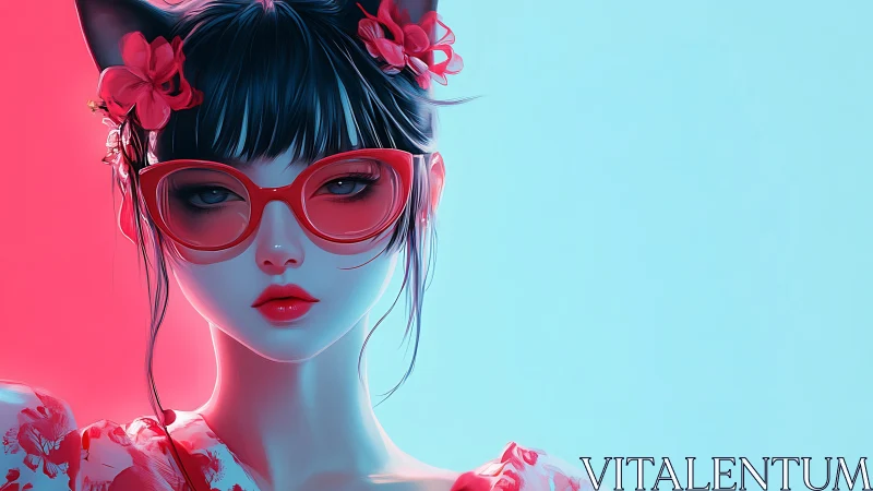 Neon-lit cat girl poses in bold red glasses and florals.