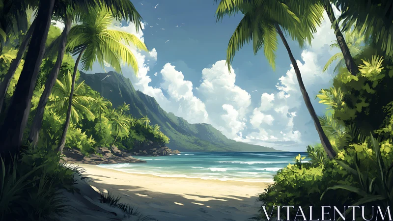 Tropical paradise beach framed by swaying palm trees.