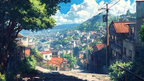 Sunlit hillside street overlooking dense coastal valley city