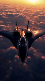 Stealth aircraft over sunlit clouds in cinematic golden hour.